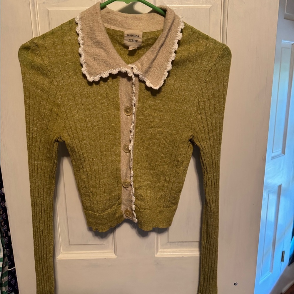 J. Crew x Namoda Olive and Cream Cardigan with Lace Detail